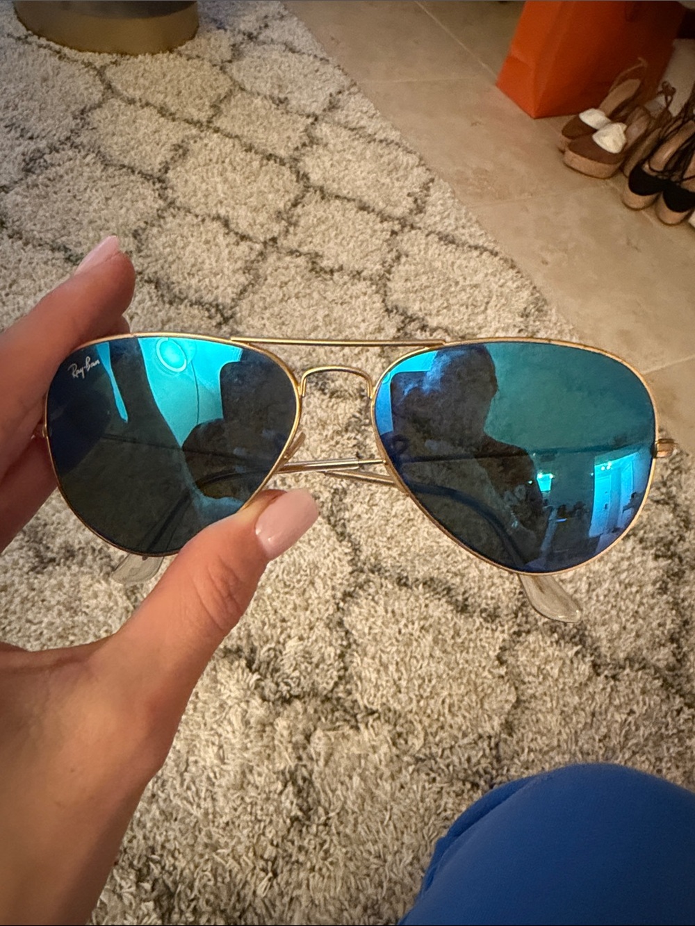 Ray-Ban Women's Gold Frame Aviator Sunglasses with Blue Mirrored Lenses